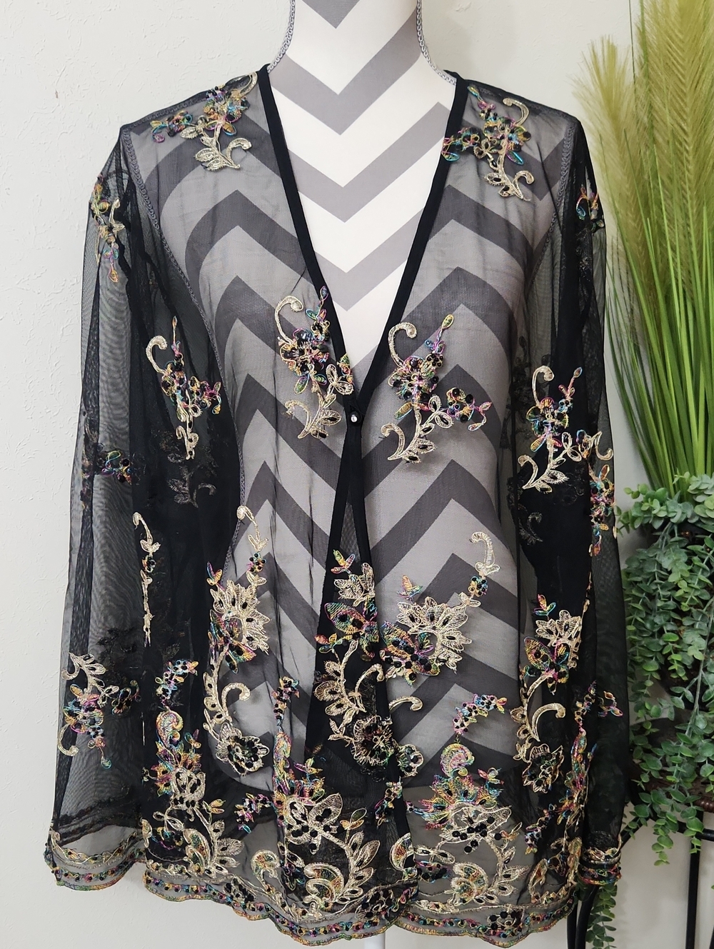 Odeon By Kris Oversized Black Sheer Multicolor Embroidered Cardigan